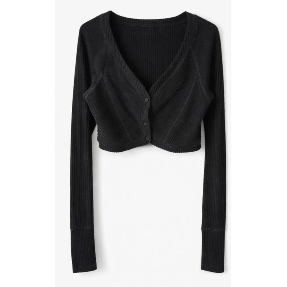 Out From Under Ribbed Cropped Cardigan Top Black Long Sleeve Size L/G